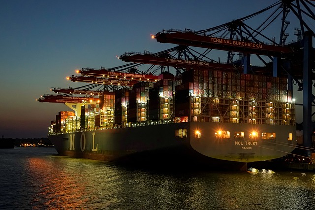 container ship, night, port